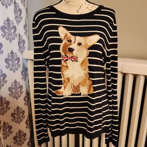 Talbots Smart Striped Corgi Sweater, Navy + White, Back Buttons, British, Sz M - Picture 2 of 9